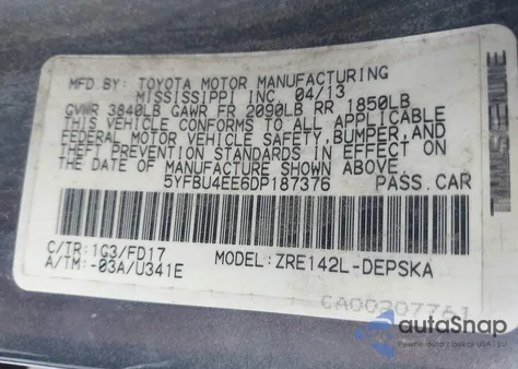 2013 Toyota Corolla S из США, поврежденный, VIN 5YFBU4EE6DP187376